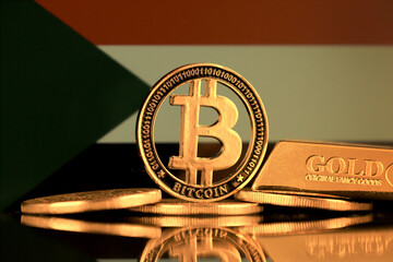 Wall Mural - Physical version of Bitcoin, gold bar and Sudan Flag.