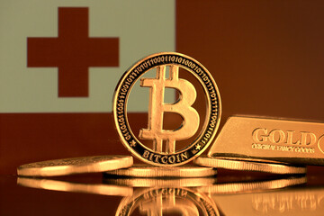 Wall Mural - Physical version of Bitcoin, gold bar and Tonga Flag.