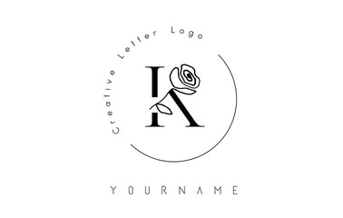 Creative initial letter K logo with lettering circle and hand drawn rose. Floral element and elegant letter K.