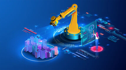 Leinwandbilder - Engineer or architect looking at a city model, city projection, remote construction. Urban construction, planning, architecture. Futuristic megapolis isometric landing page design. Modern architecture