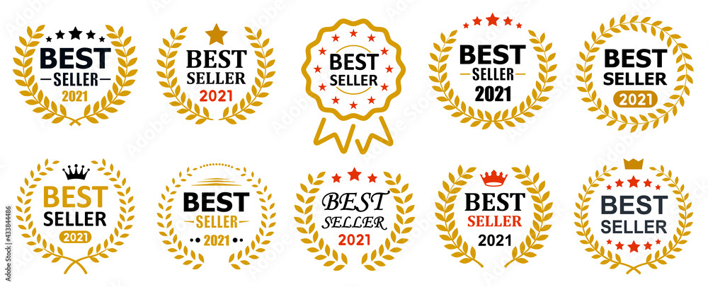 Set best seller icon design with laurel, best seller badge logo isolated - vector - obrazy, fototapety, plakaty 