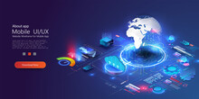 World Wide Web Via Wireless Satellite Network Technology. Digital Connection At Clouds Services Of All Earth. Global Network Technology In Isometric Illustration. World Internet Connection.