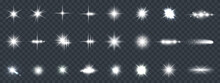 Set Of Bright Beautiful Stars. Optical Lens Glowing Flashlight Effect. Light Effect, Bright Star, Light Flare. White Sparkles Shine Light Effect On Transparent Background