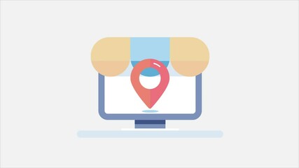 Wall Mural - Local SEO, search marketing and local business ecommerce with map pointer address. local business store map listing showing on device. 2d animation, 4k video clip, business communication technology.