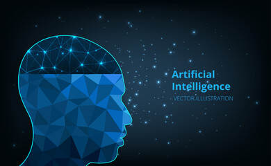 Poster - Artificial intelligence in humanoid head.Vector illustration of human head created in polygon.Graphic design and Technology(AI) concept of future.