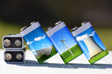 Wall Mural - battery with solar panels, wind turbines and nuclear power plant. energy resources concept.