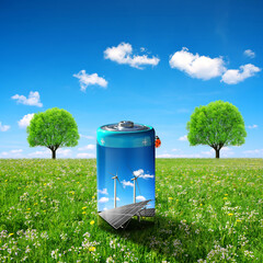 Wall Mural - battery with solar panels and wind turbines in the green grass. the concept of sustainable resources