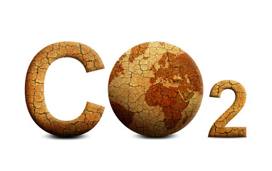 Wall Mural - Parched planet earth and text CO2 isolated on white background. Global warming or change climate concept. Environmental problems. Growing Carbon Dioxide in the atmosphere.