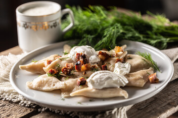 Wall Mural - Filled pirohy dish served with fried bacon, fresh dill and a cup of milk