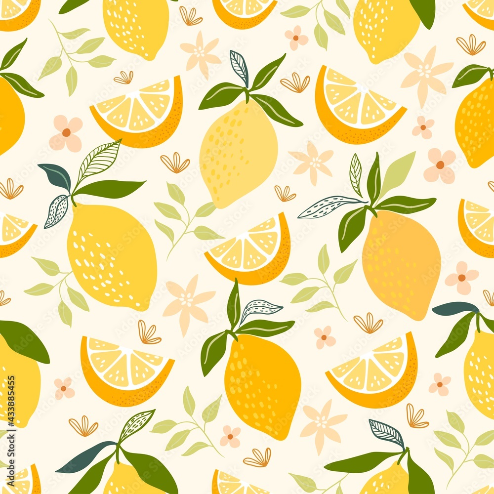 Decorative seamless pattern with lemons and leaves Stock Vector | Adobe ...