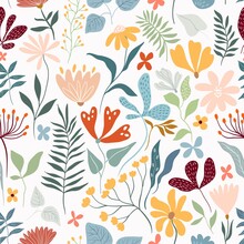 Floral Decorative Seamless Pattern With Different Flowers And Plants, Summer Design, White Background