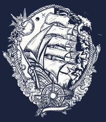 Wall Mural - Pirate ship goes by storm in dark background. T-shirt design art. Old school tattoo. Sail boat and sea hurricane. Symbol of light and darkness, life and death, hope and despair, joy and grief