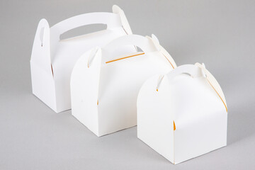 Takeaway three Cake carton Box Tasty white box for mockup design Branding On grey Background