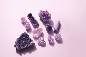 amethyst minerals gemstones set. spa, relax concept. Healing stones for Crystal Ritual, spiritual practice. modern magic. Esoteric life balance concept. flat lay