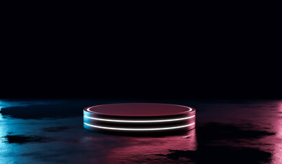 Futuristic neon light product background stage or podium pedestal on grunge street floor with glow spotlight and blank display platform. 3D rendering.