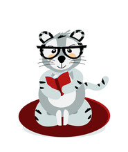 A Cheerful Striped Bengal Tiger Sits And Reads A Book With Glasses, The Symbol Of 2022. Vector Illustration, Isolated On A White Background, Drawn By Hand. 