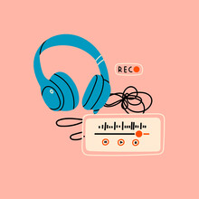 Blue Wired Isolated Headphones On Pink Background. Podcast Recording And Listening, Broadcasting, Online Radio, Audio Streaming Service Concept. Hand Drawn Vector Poster. Print Template
