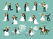 wedding couple set, bride and groom dancing, hugging, kissing, riding bike and horse, jumping, proposing