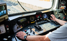 Interior View Of The Pilot Hands And Instrument Panel Cockpit Of Ancient Train