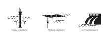 Water Energy Icon Set. Tidal, Wave And Hydroelectric Power Plant. Environment, Sustainable And Renewable Energy Symbol