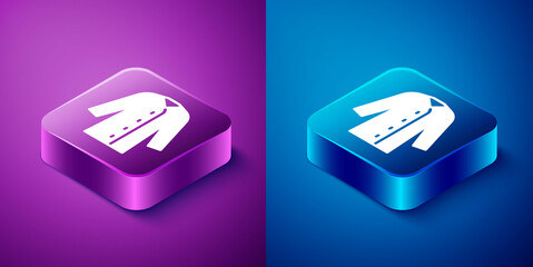 Wall Mural - Isometric Raincoat icon isolated on blue and purple background. Square button. Vector