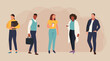 Office workers people of different nationalities standing. Business people holding coffee. Vector illustration.