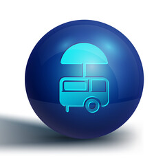 Sticker - Blue Fast street food cart with awning icon isolated on white background. Urban kiosk. Ice cream truck. Blue circle button. Vector