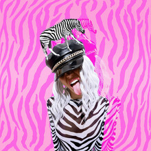 Contemporary Digital Funky Minimal Collage Poster. Stylish Emotional Party Zebra Lady. Trendy Animal Print. Back In 90s. Pop Art Zine Fashion, Music, Clubbing Culture.