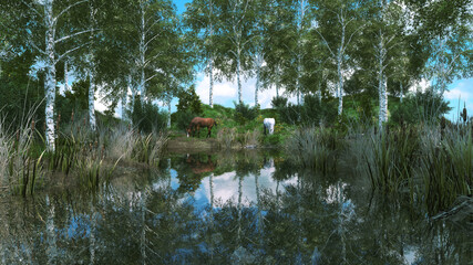 Scenic rural landscape with two horses grazing on green grass near calm river backwater among birch tree grove at spring day. With no people realistic 3D illustration from my own 3D rendering.