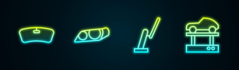 Poster - Set line Windshield, Car headlight, Windscreen wiper and Repair car on lift. Glowing neon icon. Vector