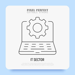 Wall Mural - it sector thin line icon. open laptop with cogwheel. settings, software service, update, configurati