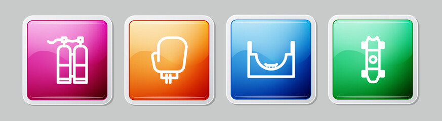 Sticker - Set line Aqualung, Boxing glove, Skate park and Longboard or skateboard. Colorful square button. Vector