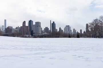 Wall Mural - Rainey Park Field in Astoria Queens Covered in Snow during Winter with the New York City Skyline