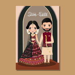 Sticker -  Wedding invitation card the bride and groom cute couple in traditional indian dress cartoon character. Vector illustration.