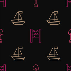 Poster - Set line Shovel toy, Toy boat and Abacus on seamless pattern. Vector