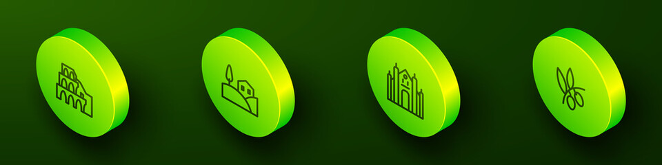 Sticker - Set Isometric line Coliseum in Rome, Village landscape, Milan Cathedral and Olives branch icon. Vector