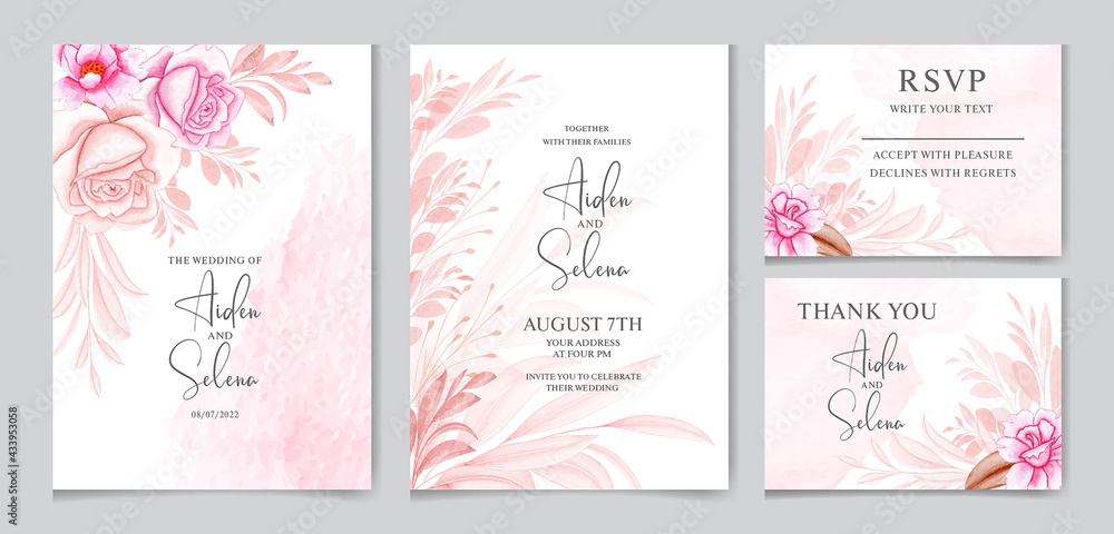 Wedding invitation card template set with the soft pink color rose ...