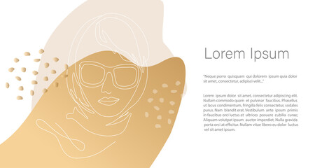 Vector woman Portrait one line , Abstract minimalistic, leaves and flower in trendy gold colors. Continuous line art. Banner, flyer, Landing Page Template fo beauty, flowers, medical salons