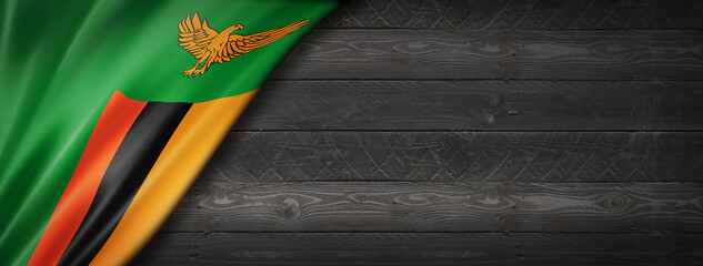 Wall Mural - Zambian flag on black wood wall banner