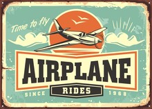 Airplane Rides And Tours Retro Advertising Sign Template. Love To Fly Travel And Vacation Vintage Ad. Promo Vector Poster Idea With Airplane Flying On The Sky.