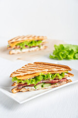 Wall Mural - Homemade tasty juicy sandwich made of cucumber, slice of meat and cheese, lettuce between slices of grilled toast bread served on rectangular plate on white wooden table at kitchen. Vertical image