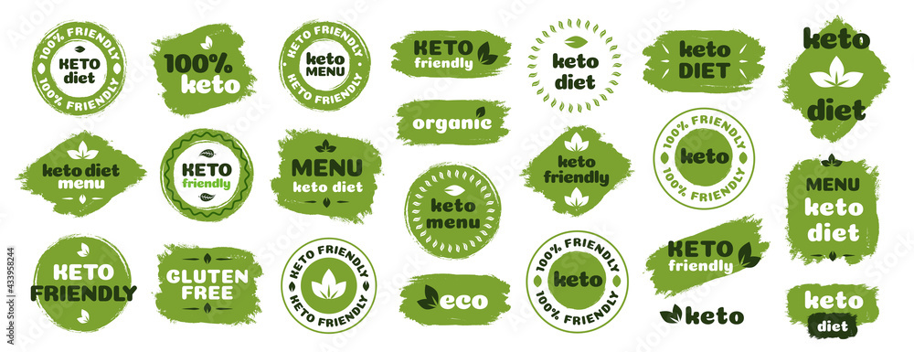 Keto friendly diet nutrition vector badge set on green organic texture isolated on white-ketogenic diet sign, keto diet menu. Vegetables icon eco friendly diet with leaves. 10 eps - obrazy, fototapety, plakaty 