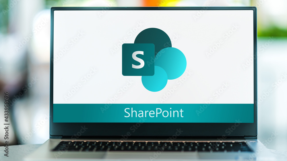 Sharepoint Stock Image Computer Laptop computer displaying logo of SharePoint Stock Photo | Adobe Stock