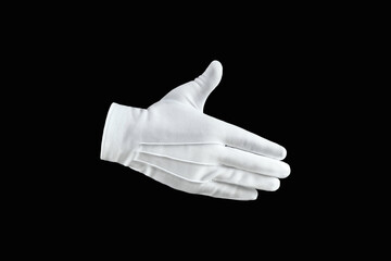 Human hand, hand in a white glove isolated on a black background, shows a handshake gesture. Greeting human gesture concept.