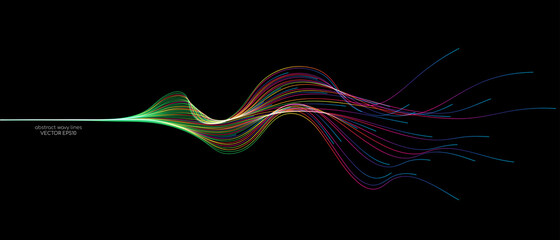 Vector abstract wave lines flowing dynamic in colorful spectrum colors isolated on black background for concept of modern, technology, digital, communication, science, music.