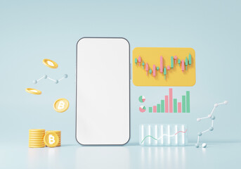 Smartphone white screen Cryptocurrency trading or bitcoin and growth Stock exchange data information investment. trader concept on soft blue background, banner ,3d illustration, rendering