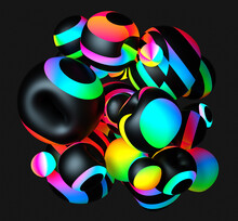 3d Render Of Abstract Art Composition With Flying Surreal Balls Balloons Or Bubbles In Round Soft Forms In Black Rubber Material With Glowing Parts On Surface In Rainbow Gradient Multi Color