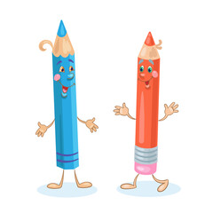 Poster - Two funny pencils blue and red. In cartoon style. Isolated on white background. Vector flat illustration.