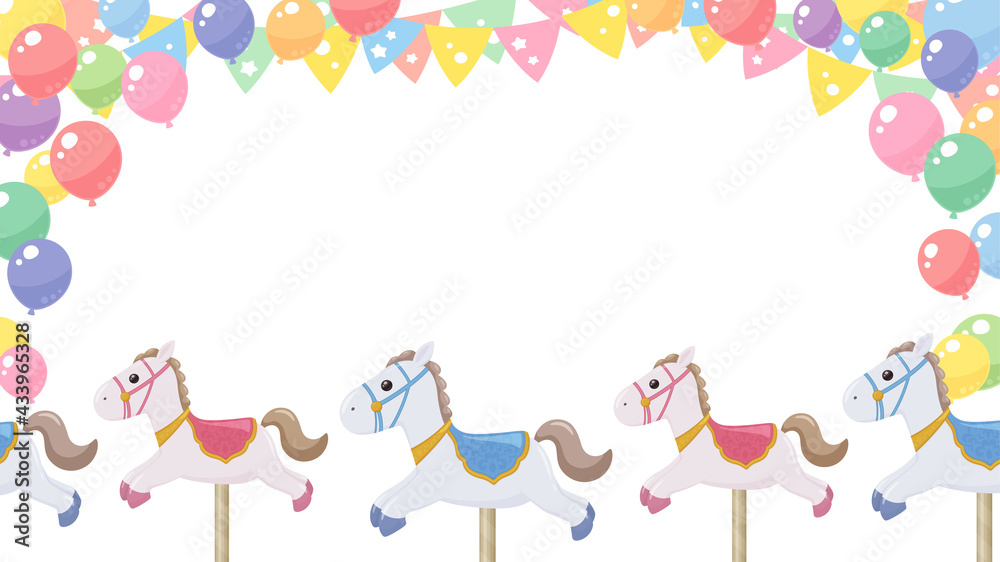 メリーゴーランドとガーランドと風船のフレーム イラスト素材 16 9 Wall Mural ふわぷか