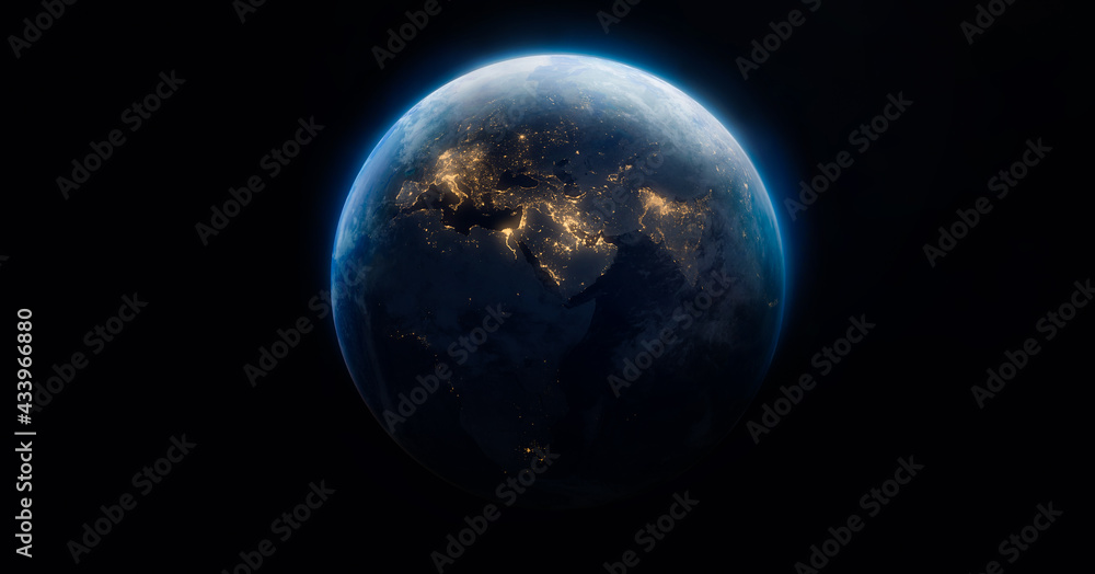 Sphere of Earth planet at night isolated on dark black background. Surface of Earth. Globe. City lights on planet. Life of people. Solar system element. Elements of this image furnished by NASA